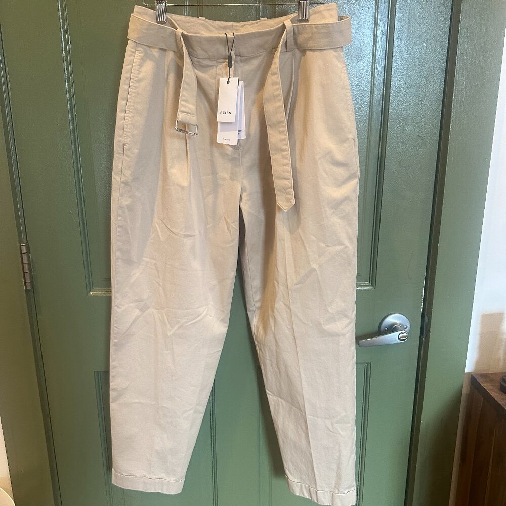 Reiss Hutton NWT Cropped Cotton Blend Belted Trousers in Stone